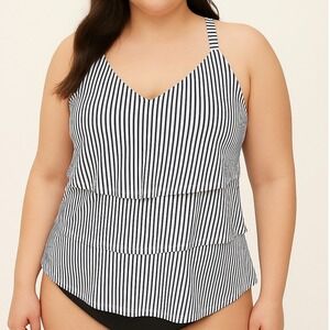 Cacique Swim Tankini Top Striped Tiered Layered Swimsuit‎ Top Size 16